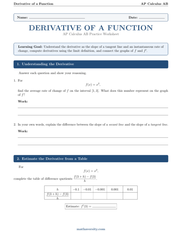 Derivative Of A Function Worksheet: Free 10-Page AP Calc PDF