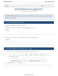 AP Calculus AB differentiability worksheet PDF – page 1 preview