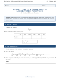 AP Calculus AB exponential and logarithmic derivatives worksheet PDF – page 1 preview
