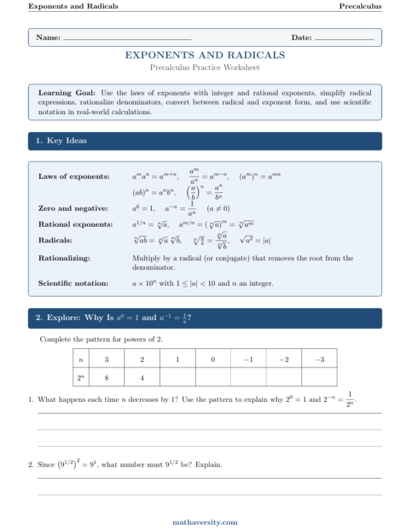 Exponents And Radicals Worksheet: Free 10-Page Precalc PDF