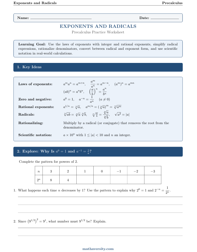 Exponents And Radicals Worksheet: Free 10-Page Precalc PDF