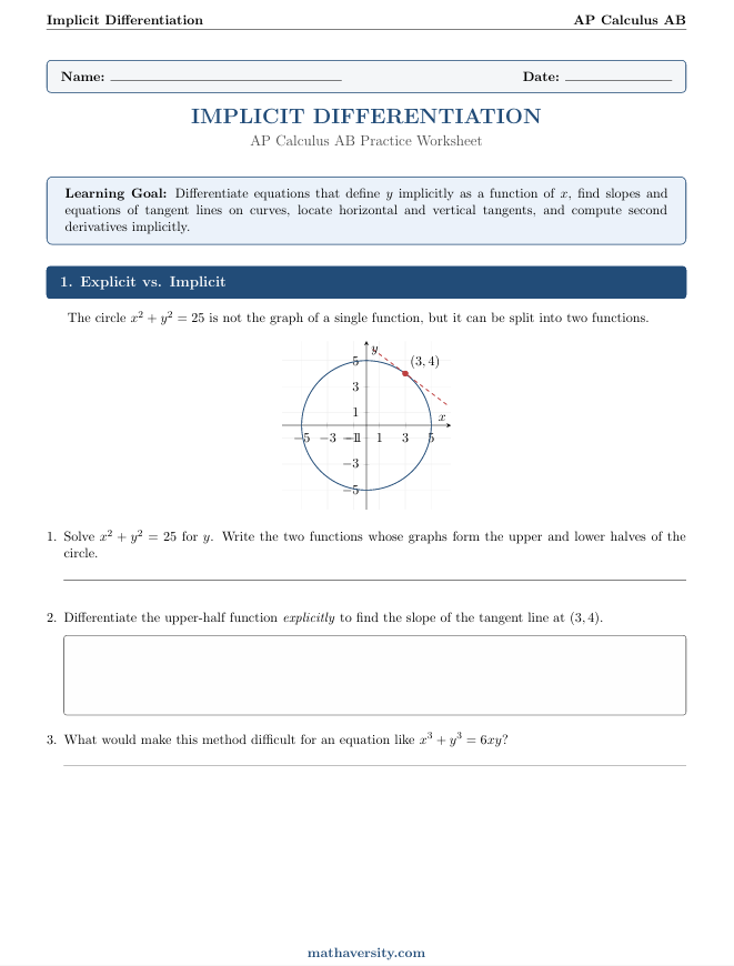 Implicit Differentiation Worksheet: Free 14-Page AP Calc PDF