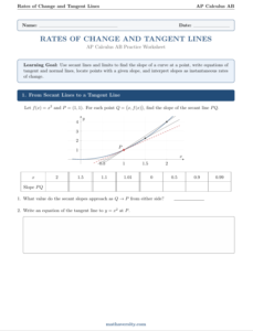 AP Calculus AB rates of change and tangent lines worksheet PDF – page 1 preview