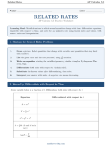 AP Calculus AB related rates worksheet PDF – page 1 preview