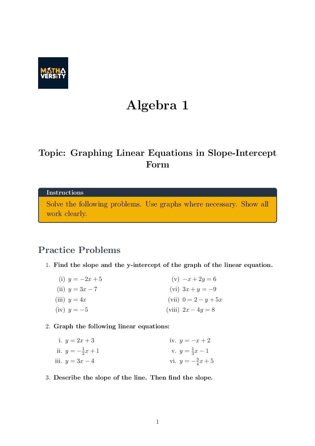 Slope Intercept Form Graphing Practice