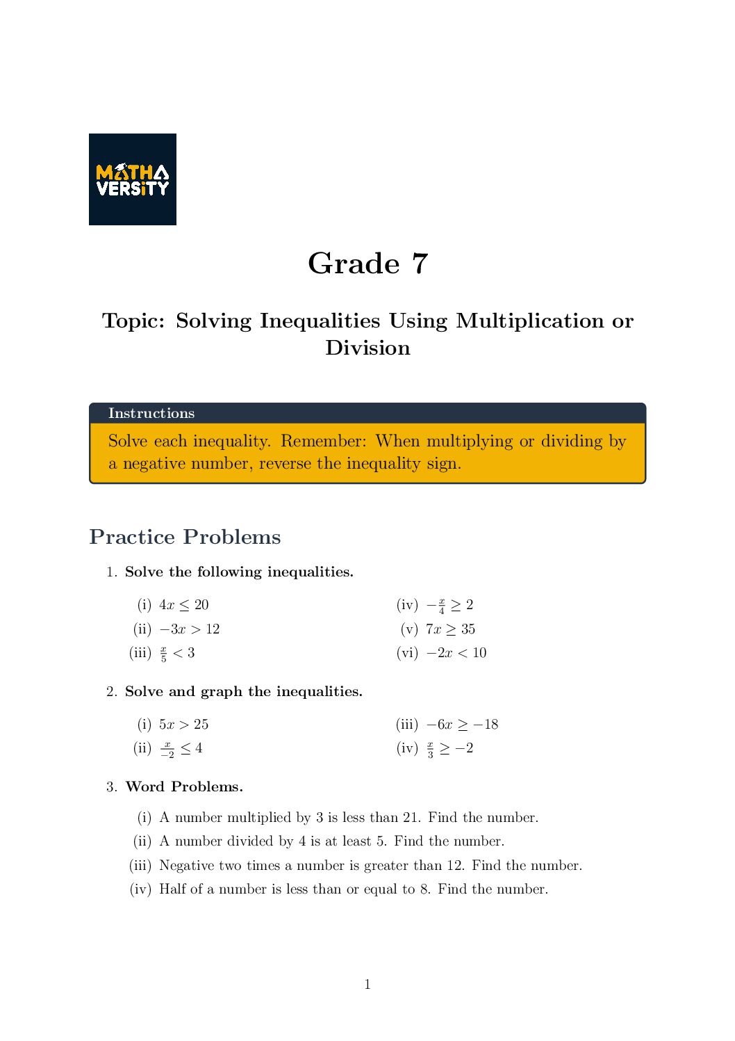 Solving Inequalities Using Multiplication And Division Worksheet