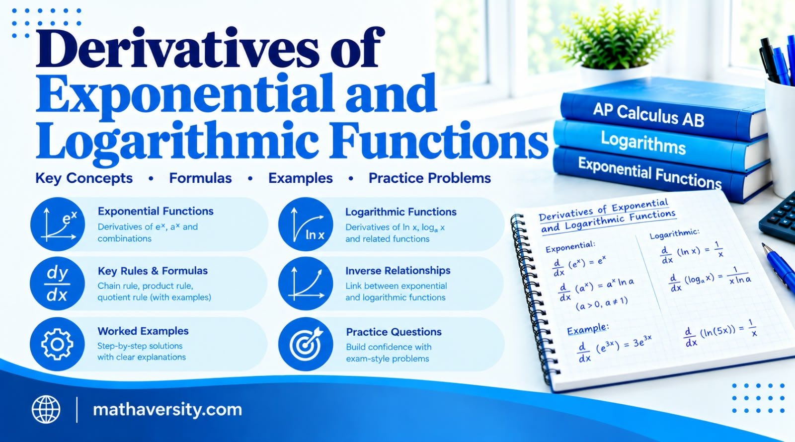 Calculus chart of derivative rules for exponential and logarithmic functions
