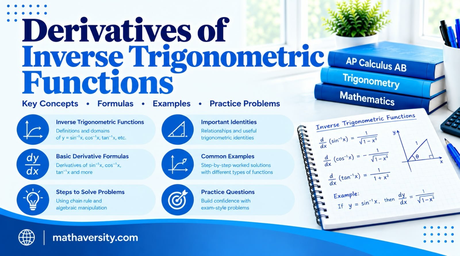 Derivative formulas for inverse trigonometric functions arcsin, arccos, arctan, arccot, arcsec and arccscTrigonometric Functions