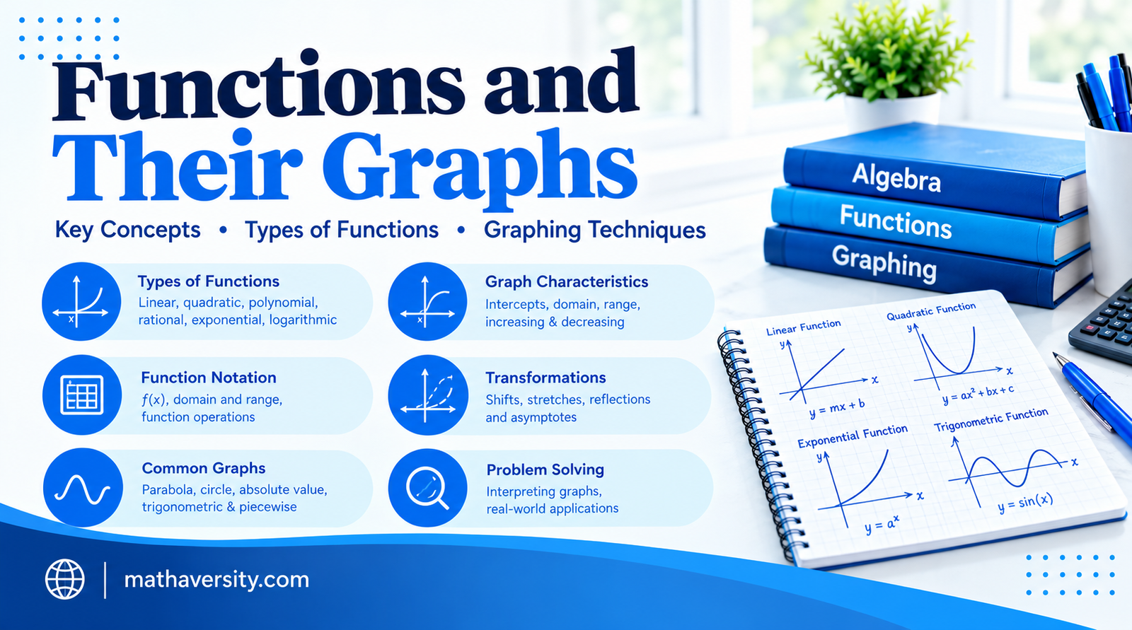 Functions and their graphs guide showing domain, range, transformations and common function types