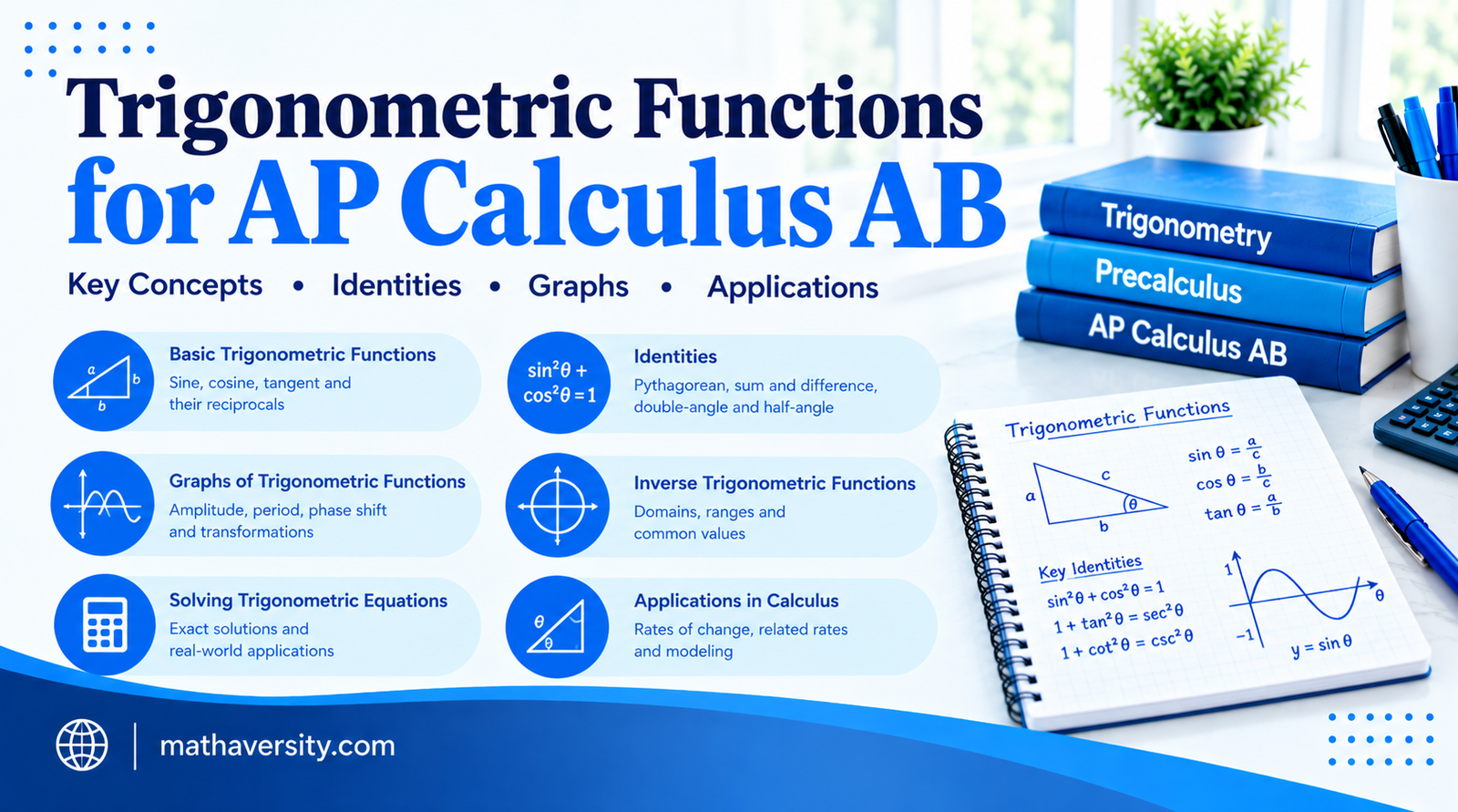 Trigonometric functions for AP Calculus AB guide with identities, graphs and applications