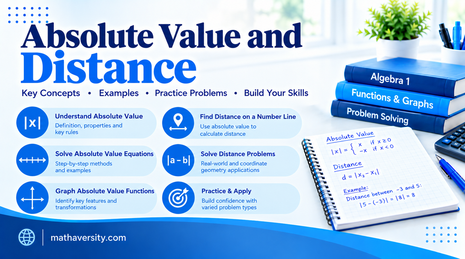 Absolute value and distance guide showing number line distance, equations and inequalities