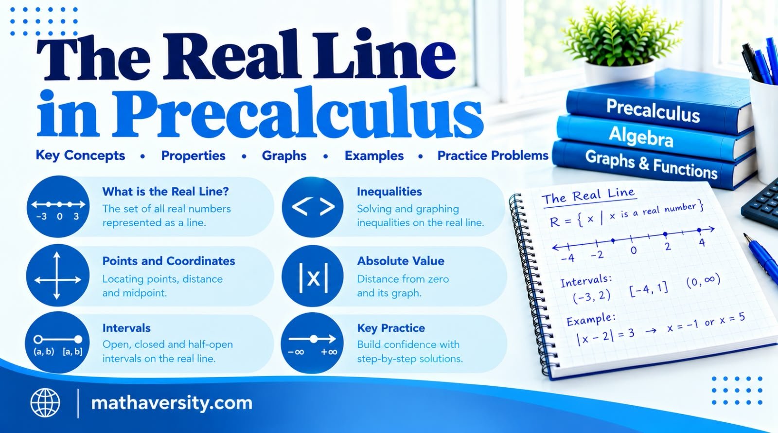 The real line in precalculus showing number line, intervals, absolute value and inequalities