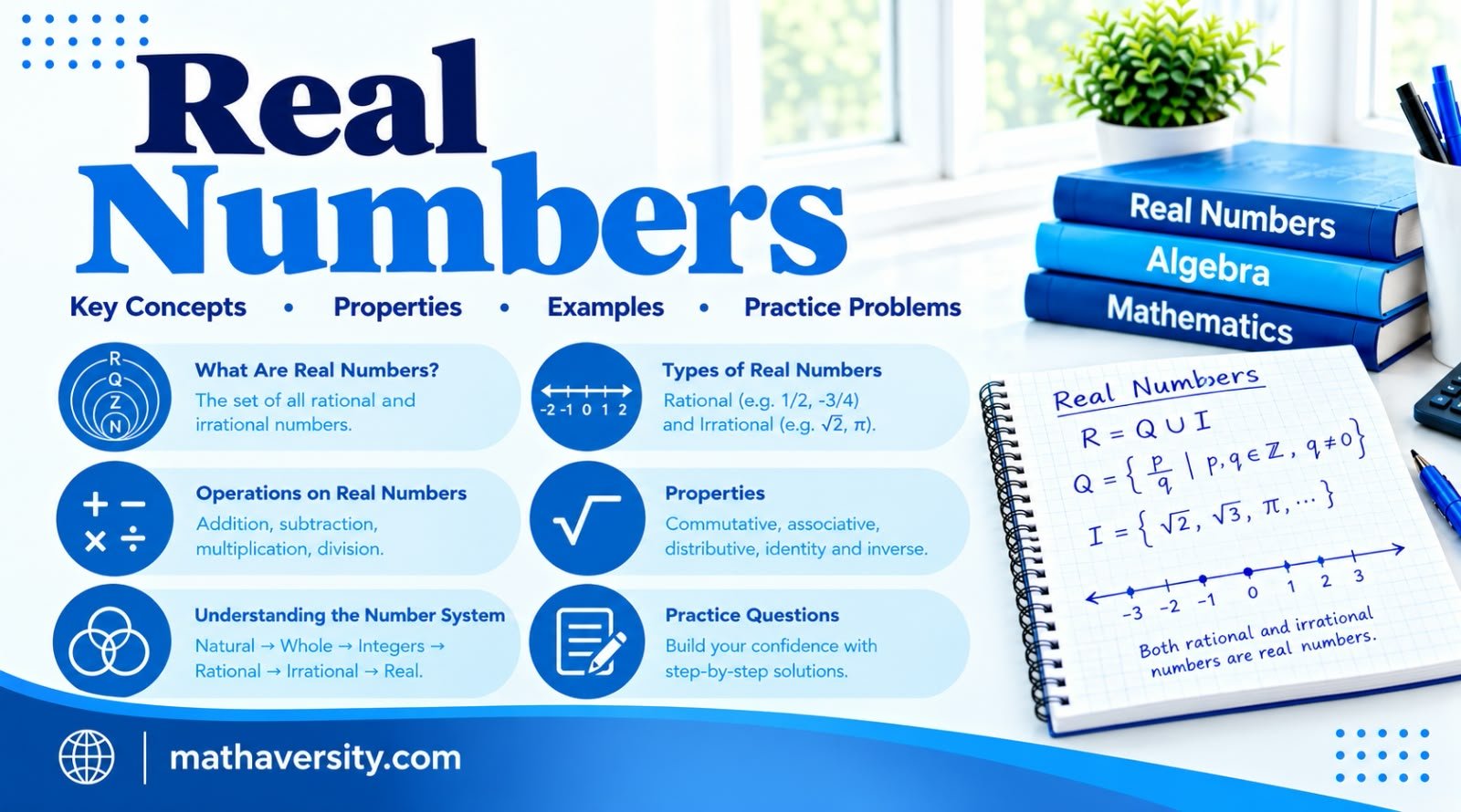 Real numbers guide showing rational and irrational numbers, number line, intervals and absolute value