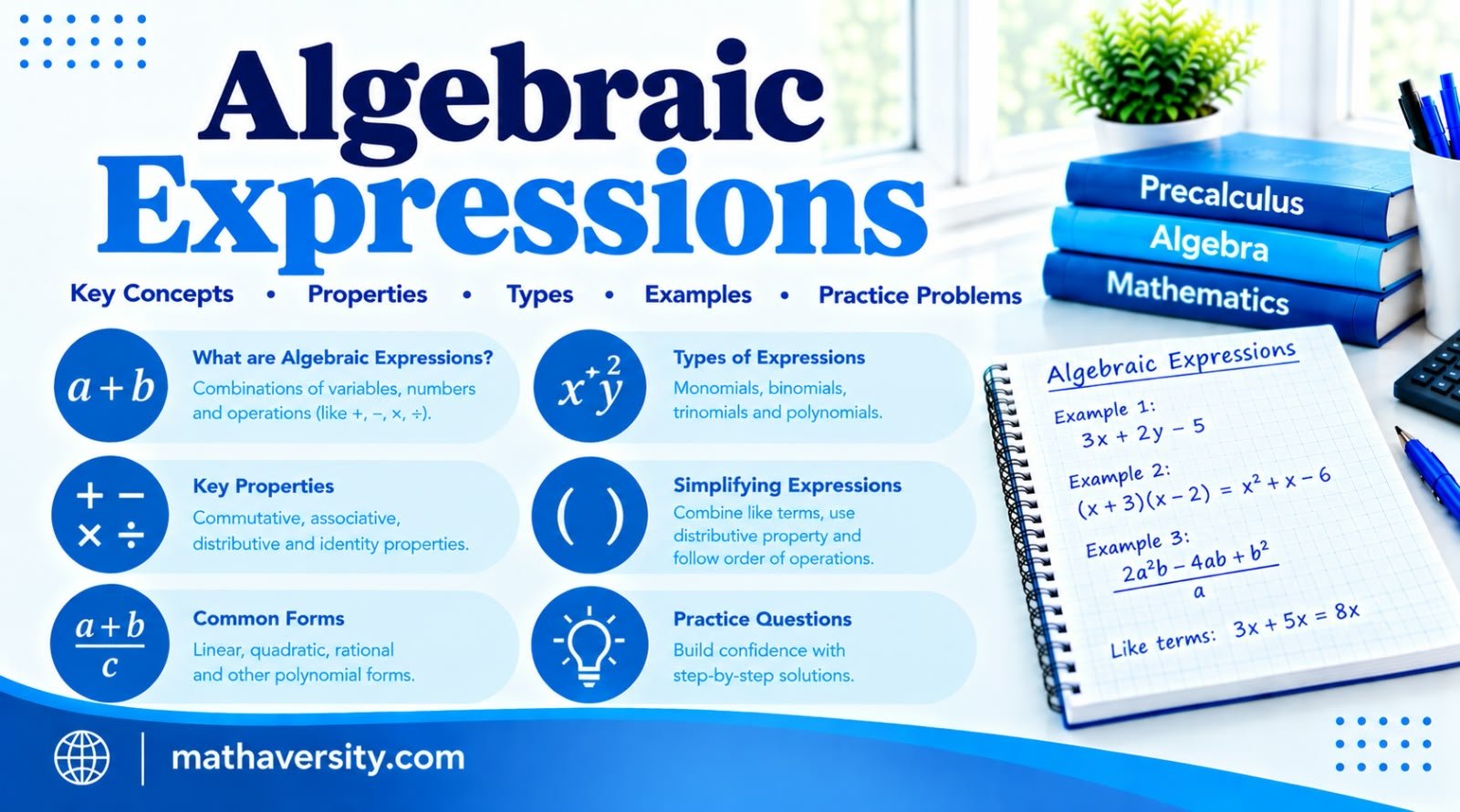 Algebraic expressions guide showing terms, like terms, simplifying, expanding and factoring