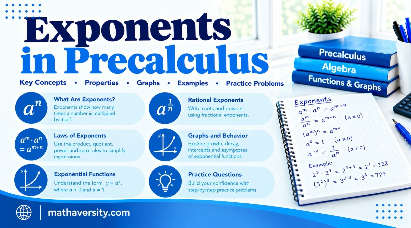 Exponents in precalculus guide showing exponent rules, negative exponents and rational exponents