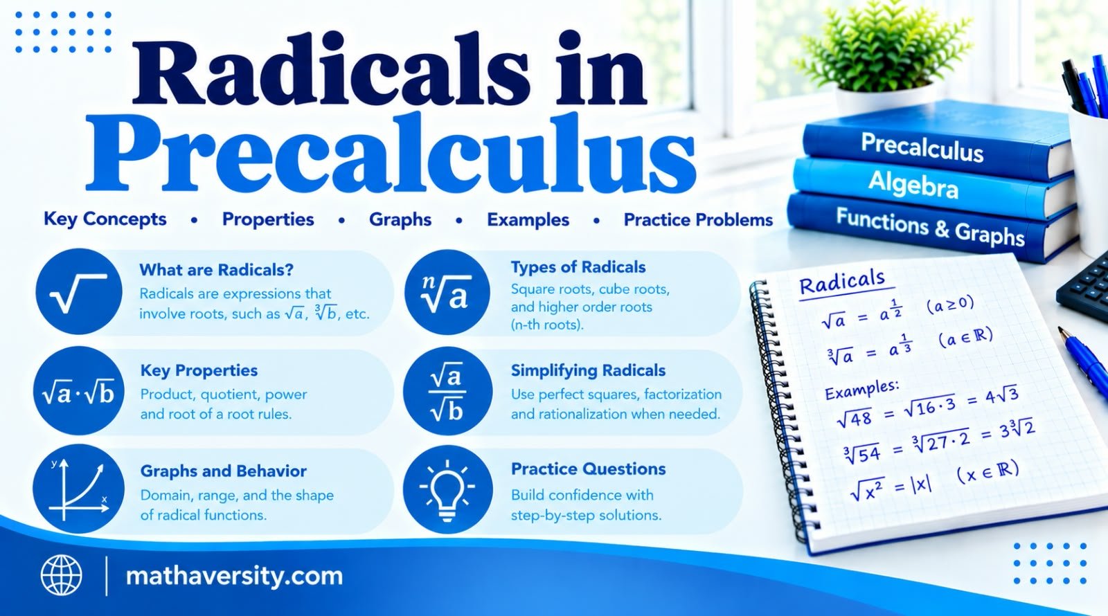 Radicals in precalculus guide showing simplifying radicals, rationalizing denominators and radical equations