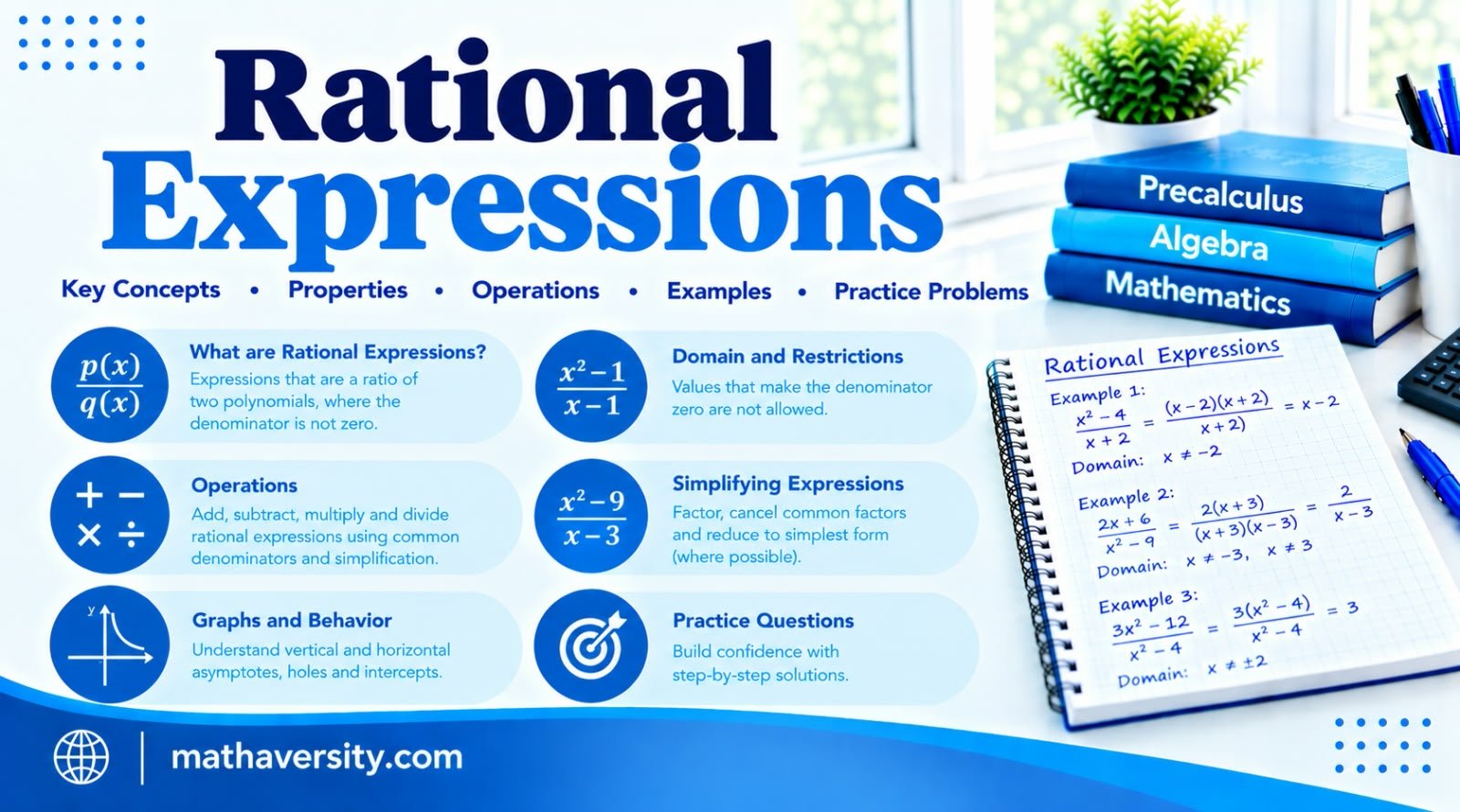 Rational expressions guide showing simplifying, multiplying, adding and solving rational equations