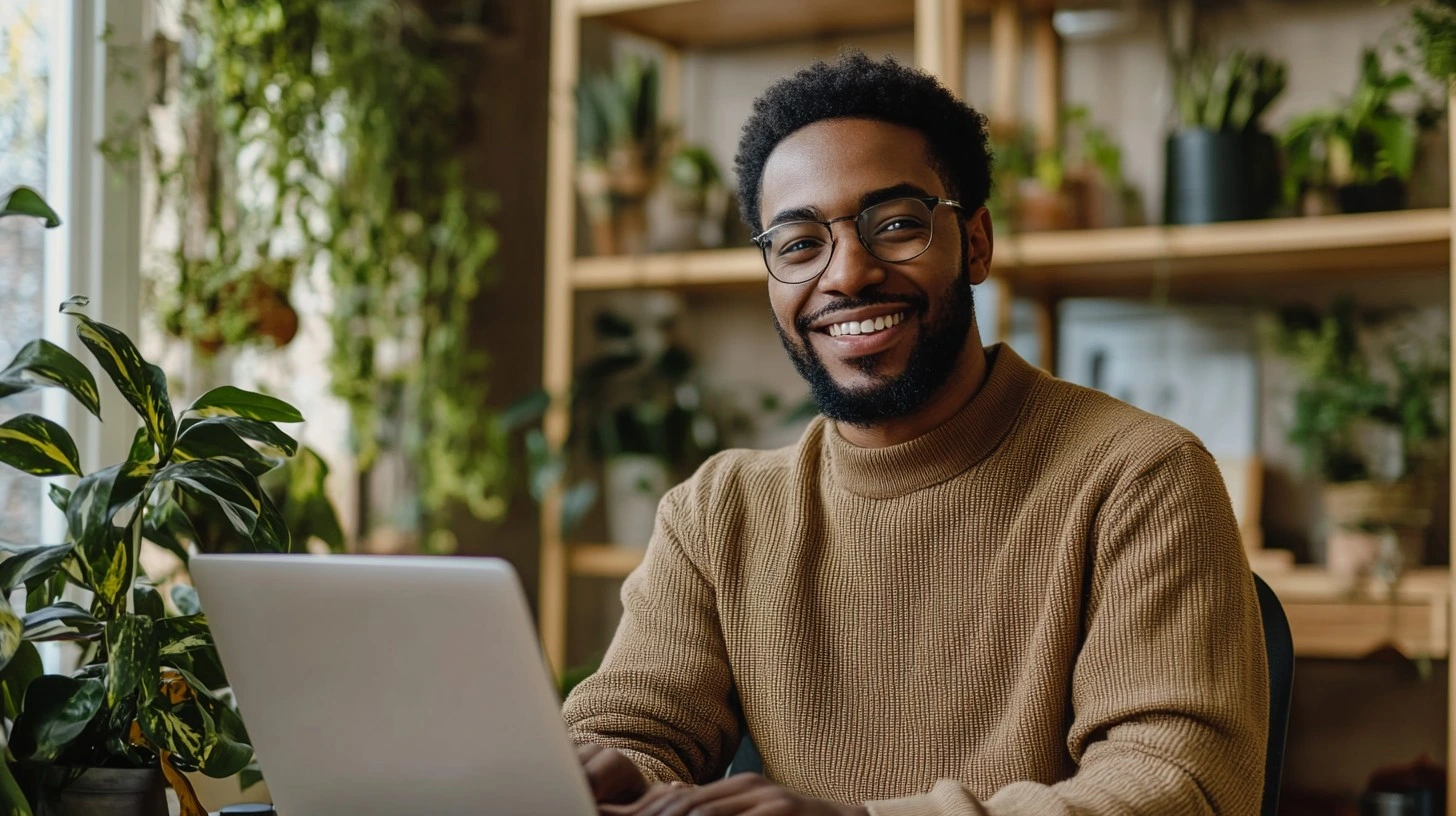 A man using laptop and enjoying mathaversity's online tutoring services