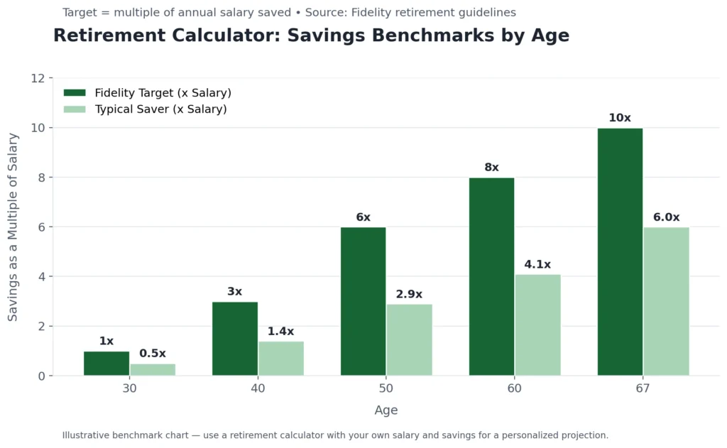 Retirement calculator chart showing recommended retirement savings benchmarks by age